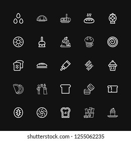 Editable 25 croissant icons for web and mobile. Set of croissant included icons line Pudding, Snack, Toast, Doughnut, Sourdough, Bread, Macaron, Pastry, Muffin on black background