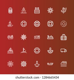 Editable 25 cruise icons for web and mobile. Set of cruise included icons line Cruise, Boat, Anchor, Helm, Rudder, Shipping, Lifesaver, Sail, Sailboat, Transport, Boating on red
