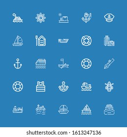 Editable 25 cruise icons for web and mobile. Set of cruise included icons line Ship, Sailboat, Boat, Cargo ship, Lifeboat, Anchor, Sailor, Lifesaver, Cruise on blue background