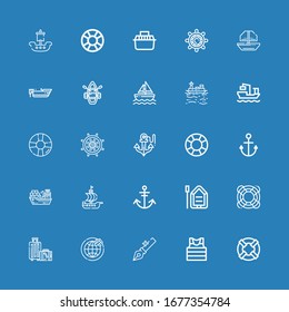 Editable 25 cruise icons for web and mobile. Set of cruise included icons line Lifesaver, Sailor, Anchor, Shipping, Travel, Boat, Ship, Cargo ship, Rudder, Sailboat on blue background