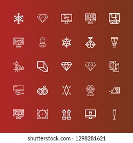 Editable 25 crystal icons for web and mobile. Set of crystal included icons line Champagne glass, Monitor, Salt, Polygon, Prism, Tesla ball, Diamond, Wedding rings, Tarot on red