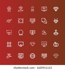 Editable 25 crystal icons for web and mobile. Set of crystal included icons line Diamond, Monitor, Salt, Wedding rings, Chandelier, Riches, Crystal ball, Minerals, Polygon on red