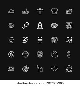 Editable 25 cuisine icons for web and mobile. Set of cuisine included icons line Mushrooms, Hot pot, Pizza, Stove, Pot, Egg, Hummus, Bowl, Sourdough, Jiaozi on black background