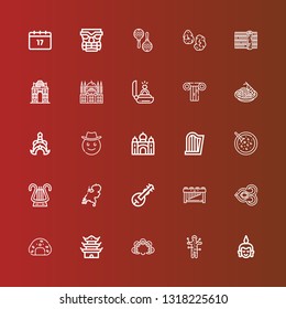 Editable 25 culture icons for web and mobile. Set of culture included icons line Buddha, Voodoo, Tambourine, Pagoda, Onigiri, Thai, Marimba, Veena, Holland, Lyre, Red bean soup on red