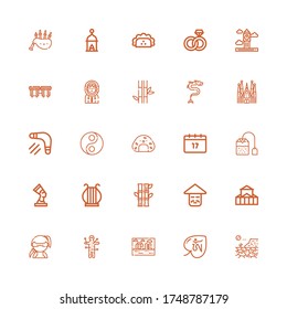 Editable 25 culture icons for web and mobile. Set of culture included icons line Desert, Om, Stonehenge, Voodoo, Ninja, Theater, Chinese, Bamboo, Harp, Pharaoh on white background