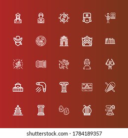 Editable 25 culture icons for web and mobile. Set of culture included icons line Indian tent, Harp, Runes, Column, Pagoda, Guiro, Mayan pyramid, Boomerang, Theater, Ninja on red