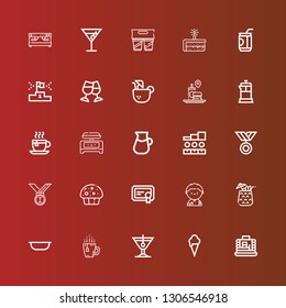 Editable 25 cup icons for web and mobile. Set of cup included icons line Pancakes, Ice cream, Cocktail, Tea, Bowl, Soccer player, Certificate, Muffin, Medals, Medal, Podium on red