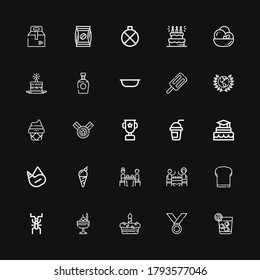 Editable 25 cup icons for web and mobile. Set of cup included icons line Vodka, Medal, Cake, Ice cream, Cricket, Toast, Restaurant, Fast food, Canteen, Smoothie on black background
