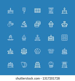 Editable 25 cupcake icons for web and mobile. Set of cupcake included icons line Cake, Muffin, Birthday cake, Pastry, Waffle, Cupcake, Pudding, Macaron, Sweets on blue background