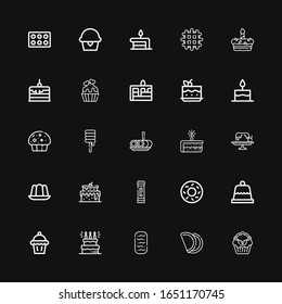 Editable 25 cupcake icons for web and mobile. Set of cupcake included icons line Cupcake, Pastry, Baguettes, Cake, Muffin, Dessert, Bagel, Snack, Jelly, Roll cake on black background