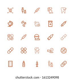 Editable 25 cure icons for web and mobile. Set of cure included icons line Plaster, Vaccine, Syringe, Medicine, Pills, No drugs, Pill, Tooth, Bandage, Vials on white background