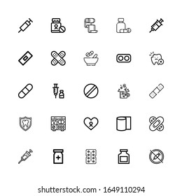 Editable 25 cure icons for web and mobile. Set of cure line icons including: No drugs, Drug, Antibiotic, Painkiller, Vaccine, Bandage, Bandages, Cancer, Pills on white background