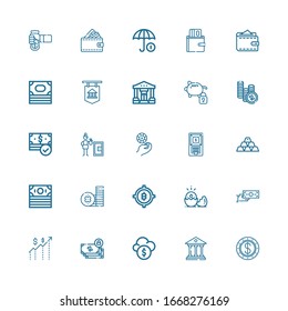 Editable 25 currency icons for web and mobile. Set of currency included icons line Dollar, Bank, Funds, Money, Money transfer, Bitcoin, Coin, Gold, Atm, Casino chip on white background