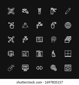 Editable 25 cursor icons for web and mobile. Set of cursor included icons line Website, Internet, Resize, Web, Mouse, Bottom, Arrow, Domain, Web site, Tap on black background