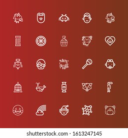 Editable 25 cute icons for web and mobile. Set of cute included icons line Hamster, Tortoise, Elf, Rainbow, Laughing, Toucan, Fox, Candy, Whale, Cage, Baby, Lollipop, Unicorn on red