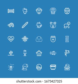 Editable 25 cute icons for web and mobile. Set of cute included icons line Dracula, Jar, Grandmother, Ninja, Owl, Stork, Clown fish, Dog house, Cactus, Candy on blue background