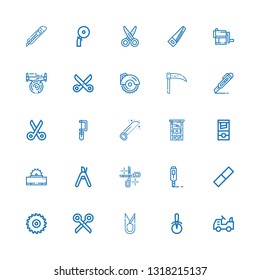 Editable 25 cutter icons for web and mobile. Set of cutter included icons line Mower, Pizza cutter, Scissors, Saw, Rubber, Pruning shears, Guillotine on white background