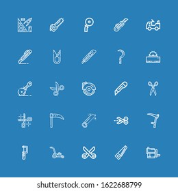 Editable 25 cutter icons for web and mobile. Set of cutter included icons line Sharpener, Saw, Scissors, Mower, Scythe, Cutter, Circular saw, Pizza Stationery on blue background