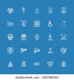 Editable 25 danger icons for web and mobile. Set of danger included icons line Fire, Emergency call, Exit, Tarantula, Pirate, Bonfire, Cctv, Gun, Spyware, Skull on blue background