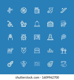 Editable 25 danger icons for web and mobile. Set of danger included icons line Alarm, Fire, Shark, Skull, Gallows, Wind, No parking, Wolf, Detective, Hose, Cone on blue background