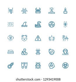 Editable 25 dangerous icons for web and mobile. Set of dangerous included icons line Biohazard, Alert, Fleas, Fins, Gallows, Snake, Circular saw, Tarantula on white background