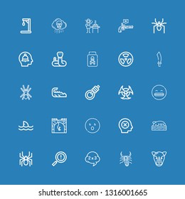 Editable 25 dangerous icons for web and mobile. Set of dangerous included icons line Rhino, Scorpion, Problem, Warning, Spider, Shark, Failure, Shocked, Bungee jumping on blue background