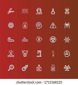 Editable 25 dangerous icons for web and mobile. Set of dangerous included icons line Biohazard, Posion, Poison, Gallows, Warning, Alert, Sabre, Gallow, Rhino, Eruption on red