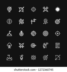 Editable 25 dart icons for web and mobile. Set of dart included icons line Archery, Target, Goal, Tracking, Darts, Dartboard, Crossword on black background