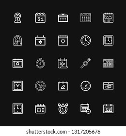 Editable 25 deadline icons for web and mobile. Set of deadline included icons line Calendar, Alarm clock, Clock, Clocks, Watch, Stopwatch, Date, Wall clock on black background