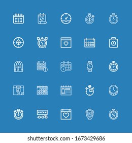 Editable 25 iconos de fecha límite para web y móvil. El conjunto de fechas límite incluía iconos línea Stopwatch, Calendar, Deadline, Stopclock, Time, Stop watch, Wristwatch, Clock on blue backwatch
