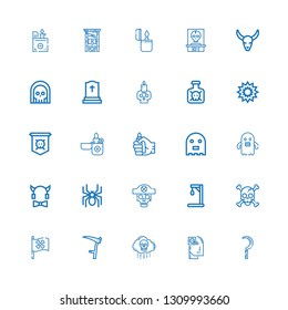 Editable 25 death icons for web and mobile. Set of death included icons line Scythe, Health, Bio weapon, Pirate flag, Skull, Gallow, Spider, Devil, Ghost, Lighter on white background