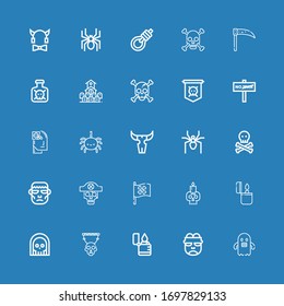 Bearbeitbar 25 Todessymbole für Web und Mobile. TodesSet inbegriffen Symbole der Linie Ghost, Frankenstein, Lighter, Schädel, Tod, Piratenflagge, Spider, Gesundheit, Krieg, Jolly roger auf blauem Hintergrund