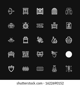 Editable 25 decor icons for web and mobile. Set of decor included icons line Fireworks, Vase, Fence, Acorn, Lantern, Bow, Fireplace, Table, Moth, Paint bucket on black background