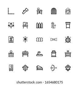 Editable 25 decor icons for web and mobile. Set of decor included icons line Bird house, Bow, Divan, Wardrobe, Nightstand, Paint bucket, Desk lamp, Table, Mirror ball on white background