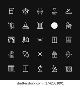 Editable 25 decor icons for web and mobile. Set of decor included icons line Cabinet, Vase, Desk lamp, Wardrobe, Cage, Bow, Nightstand, Fireworks, Bird cage on black background