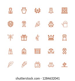 Editable 25 decoration icons for web and mobile. Set of decoration included icons line Cactus, Bells, Gift, Petard, Leaf, Ribbon, Chairs, Cabinet, Bird cage on white background