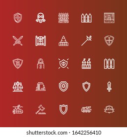 Editable 25 defense icons for web and mobile. Set of defense included icons line Shield, Tank, Law, Submarine, Sword, Justice, Fence, Fortress, Judge, Swords, Prisoner on red