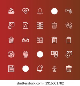 Editable 25 delete icons for web and mobile. Set of delete included icons line Trash, Recycling, Notification, Diskette, Delete, Add button, Trash can, Garbage, Bin, Check list on red