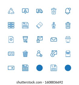 Editable 25 delete icons for web and mobile. Set of delete included icons line Recycling, Diskette, Erase, Paper shredder, Add, Cancel, Trash can, Eraser, Inbox on white background