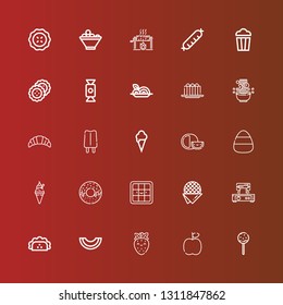 Editable 25 delicious icons for web and mobile. Set of delicious included icons line Lollipop, Apple, Strawberry, Melon, Taco, Waffle iron, Stroopwafel, Waffle, Donut, Ice cream on red