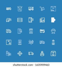 Editable 25 deliver icons for web and mobile. Set of deliver included icons line Box, Delivery man, Truck, Move, Forklift, Delivery, Mobile, Van, Delivery truck on blue background