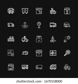 Editable 25 delivering icons for web and mobile. Set of delivering included icons line Truck, Package, Trailer, Ship, Van, Logistics, Container on black background