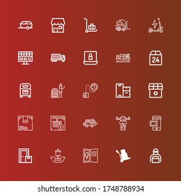 Editable 25 iconos de entrega para web y móvil. El conjunto de entregas incluía iconos línea Entrega hombre, Logística, Postcard, Barco, Box, Tienda Online, Drone, Recogida, Tienda, Cajas en rojo