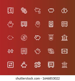 Editable 25 iconos de depósito para web y móvil. Conjunto de depósitos incluidos iconos línea Banco, Caja fuerte, Bolsa, Banco de transmisión, Transferencia, Bonos, Depósito seguro, Caja fuerte, Banca en línea en rojo