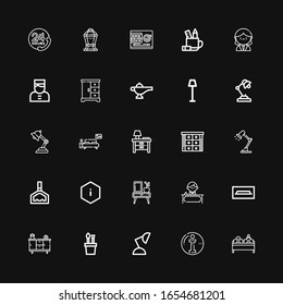 Editable 25 desk icons for web and mobile. Set of desk included icons line Double bed, Info, Lamp, Pencil case, Cupboard, Tv table, Receptionist, Night stand on black background