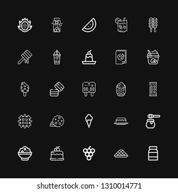 Editable 25 dessert icons for web and mobile. Set of dessert included icons line Mayonnaise, Laddu, Grape, Cake, Rice, Honey, Ice cream, Cookie, Waffle, Candy on black background