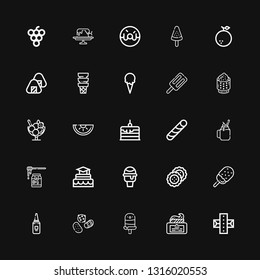 Editable 25 dessert icons for web and mobile. Set of dessert included icons line Gum, Cream, Popsicle, Sweets, Mayonnaise, Ice cream, Biscuit, Icecream, Cake on black background