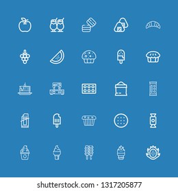 Editable 25 dessert icons for web and mobile. Set of dessert included icons line Dragon fruit, Ice cream, Frozen yogurt, Candy, Biscuit, Muffin, Popsicle, Chocolate bar on blue background
