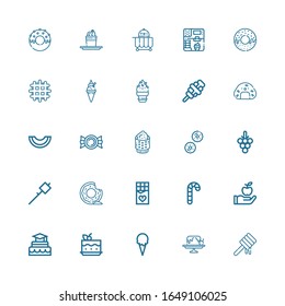 Editable 25 dessert icons for web and mobile. Set of dessert included icons line Honey, Cake, Ice cream, Apple, Candy cane, Chocolate, Donut, Marshmallow, Grapes on white background