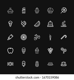 Editable 25 dessert icons for web and mobile. Set of dessert included icons line Jelly, Cake, Pineapple, Ice cream, Candy, Lollipop, Grape, Frozen yogurt, Apple on black background